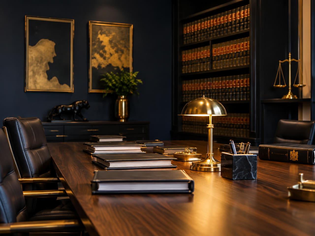 Mintshaho meeting room with legal files, law reports and a brass lamp