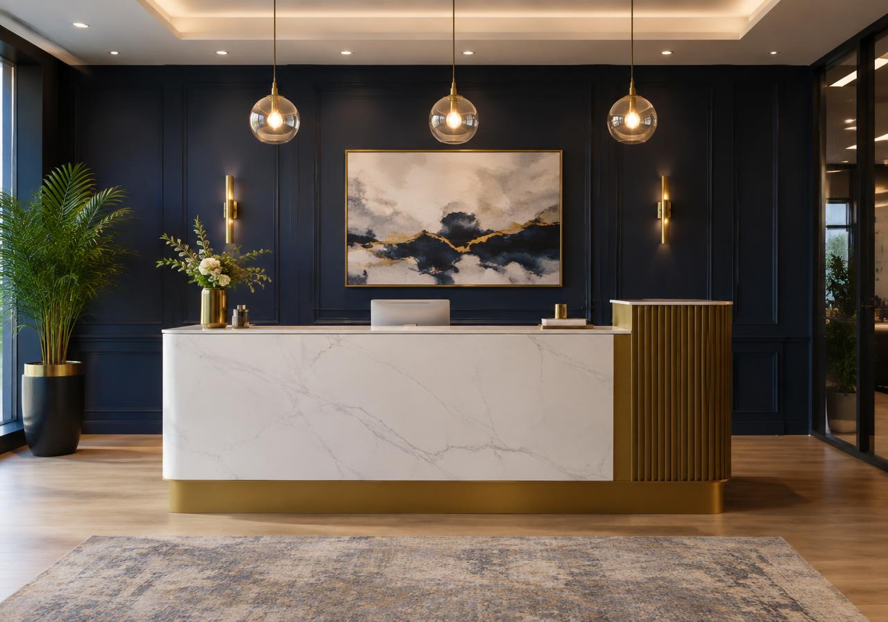 Mintshaho reception area with navy walls and gold accents